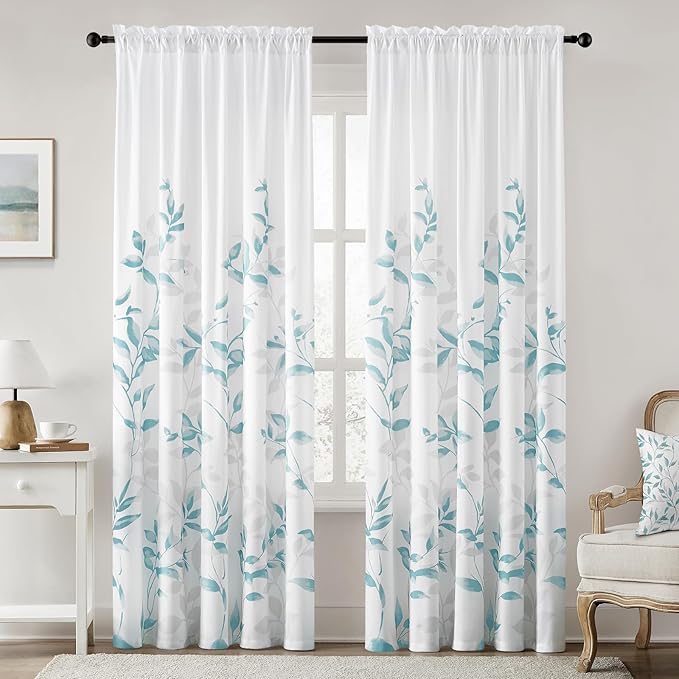 HOMEIDEAS Non-See-Through Teal and White Privacy Sheer Curtains 52 X 84 Inch Length 2 Panels, Leaf Floral Printed Light Filtering Semi Sheer Window Curtains Drapes for Bedroom Living Room