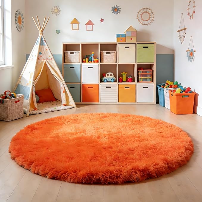 Orange Fluffy Round Rug,Soft Area Rugs for Girls Room,Shaggy Rugs 3'X3' for Living Room,Non Slip Circle Rug for Kids Bedroom,Shag Plush Nursery Carpets,Fuzzy Plush Rug for Dorm,Cute Room Decor Carpet