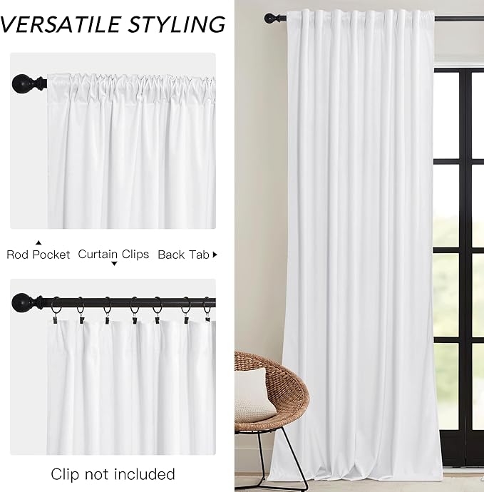 RYB HOME White Velvet Curtains 102 inches with Hook Belt, Soft Fabric Room Darkening Thermal Insulated Luxurious Home Decor Curtains for Living Room Bedroom, W 52" x L 102", 2 Panels Set