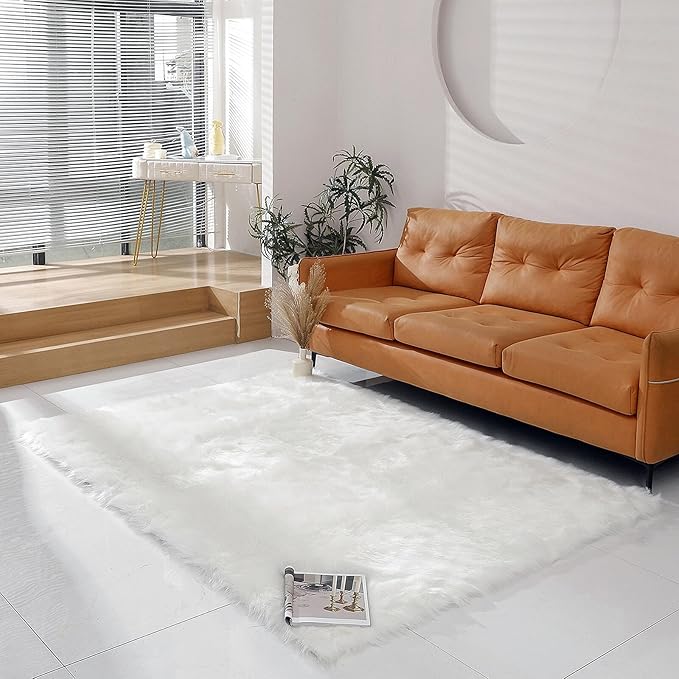 linmopm Faux Fur Rug Sheepskin Shag Fluffy Fuzzy 5x7 ft White Rugs for Bedroom Bedside Bed Floor Living Room Plush Rectangle High-Density Cushion Carpet Super Sofa Cover