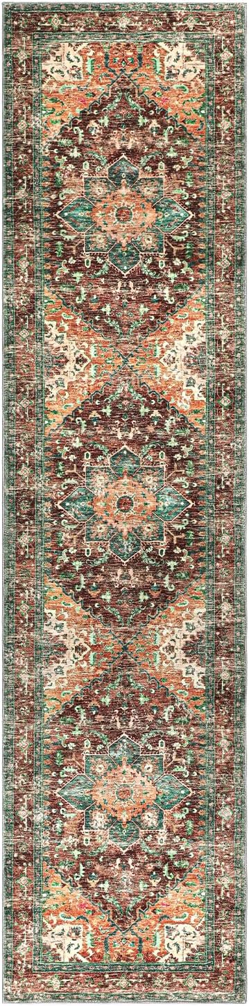 Yamaziot Washable Runner Rug, 2x8 Non-Slip Boho Vintage Hallway Rug Runner with Rubber Backing, Stain Resistant & Low Pile Faux Wool Distressed Carpet Runner for Bedroom, Kitchen, Laundry, Entrance