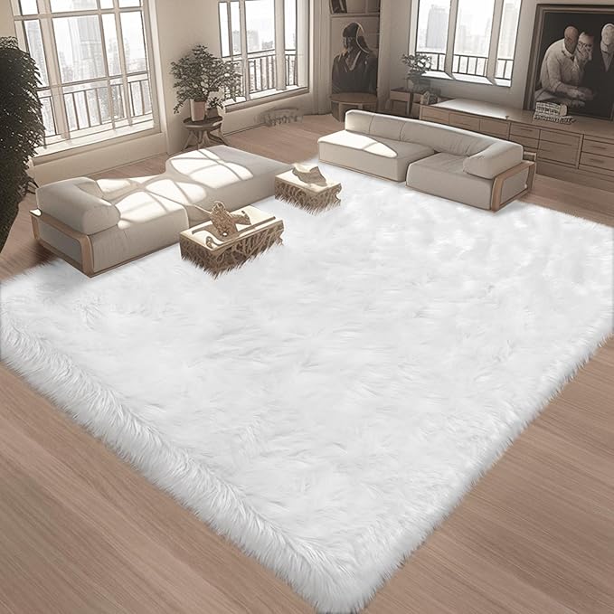 Ciicool White Faux Fur Rug 8 x 10 Feet, Large Fluffy Carpet, Faux Fur Sheepskin Rugs for Living Room, Shaggy Washable Rug for Bedroom, Luxury Room Decor, Fuzzy Rugs, Rectangle