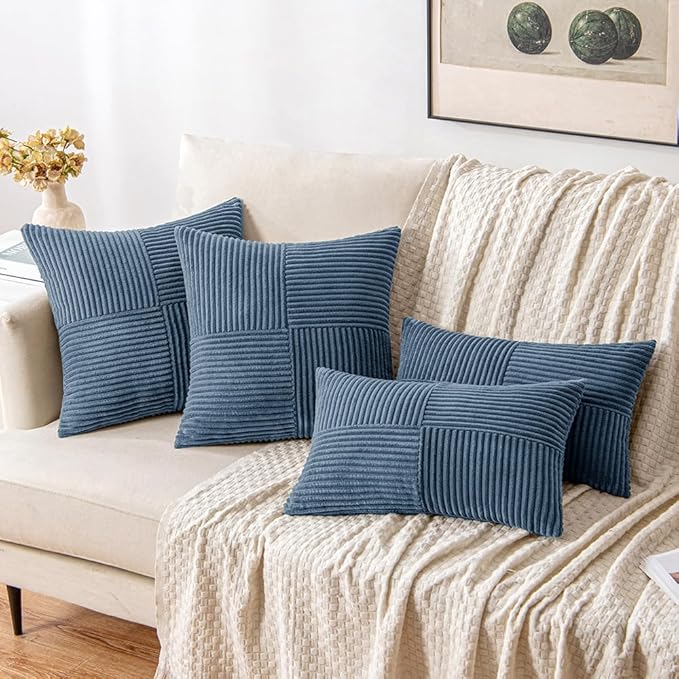 MIULEE Blue Decorative Throw Pillow Covers 18x18 Inch for Couch Bed Sofa Pack of 2 Boho Farmhouse Throw Pillows Soft Cross Corduroy Patchwork Textured Cushion Cases