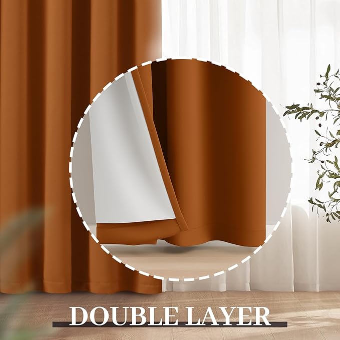 Yakamok Room Darkening 100% Blackout Curtains Grommet Window Treatments with 2 Thick Layers-Burnt Orange Thermal Insulated Drapes Set of 2 Panels for Bedroom Living Room 52 Inches by 63 Inches Length
