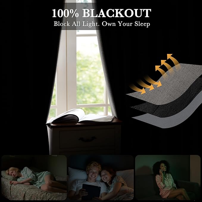 RYB HOME Grey 100% Blackout Curtains 63 inch Long, Light Blacking & Thermal Insulated Curtains for Nursery/Bedroom/Boys'Room, Back Tab & Rod Pocket Window Treatment, W52 x L63, 2 Panels