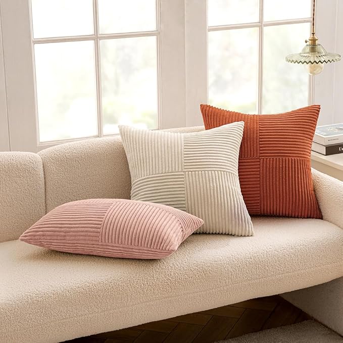 MIULEE Pink Decorative Lumbar Throw Pillow Covers 12x20 Inch for Couch Bed Sofa Valentines Day Pack of 2 Boho Farmhouse Throw Pillows Soft Cross Corduroy Patchwork Textured Cushion Cases