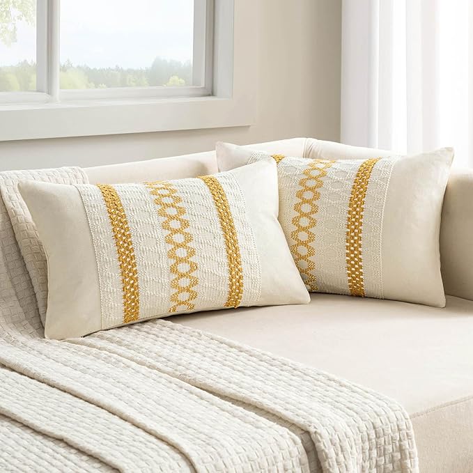 MIULEE Set of 2 Mustard Yellow Boho Decorative Lumbar Pillow Covers 12x20 Inch Farmhouse Rustic Couch Throw Pillows Modern Cotton Cushion Covers Retro Macrame Woven Spring Decor for Bed Sofa Chair