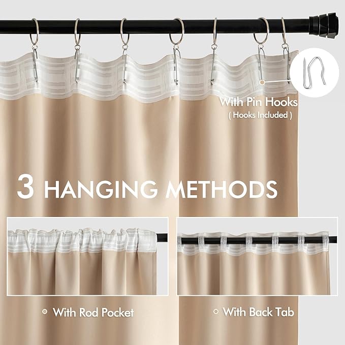 MIULEE Back Tab Beige Curtains 90 Inch Long 2 Panels Set for Living Room Bedroom Privacy, Cream Rod Pocket/Pinch Pleated Light Blocking Thermal Insulated Room Darkening Blackout Curtains, 52 x 90 Inch