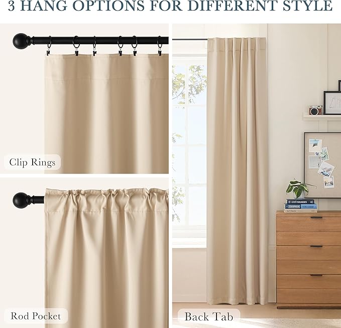 PONY DANCE Beige Blackout Curtains 96 inch Long, Room Darkening Curtains for Bedroom, Thermal Insulated Drapes for Living Room Window, Back Tab/Rod Pocket, 52 x 96 Inch,2 Panels Set,Biscotti Beige
