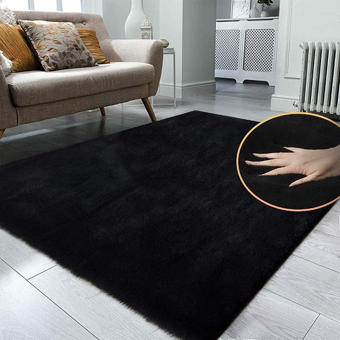 ORINOVA Black Fluffy Living Room Furry Rugs for Living Room Washable Shaggy Area Rugs for Bedroom 4x6 Rug for Nursery Decor