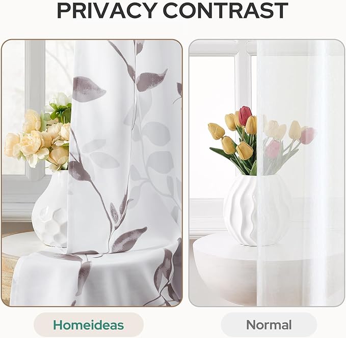 HOMEIDEAS Non-See-Through Dry Rose and White Privacy Sheer Curtains 52 X 63 Inch Length 2 Panels, Leaf Floral Printed Light Filtering Semi Sheer Window Curtains Drapes for Bedroom Living Room