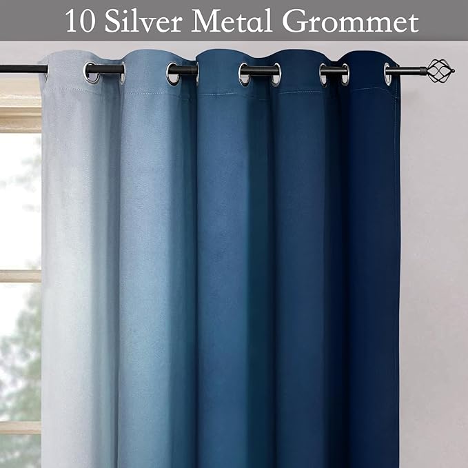 SimpleHome Ombre Room Darkening Curtains for Bedroom, Gradient Dark Blue to Grey White Light Blocking Thermal Insulated Grommet Window Curtain/Drapes for Living Room,2 Panels, 70x84 inches Length