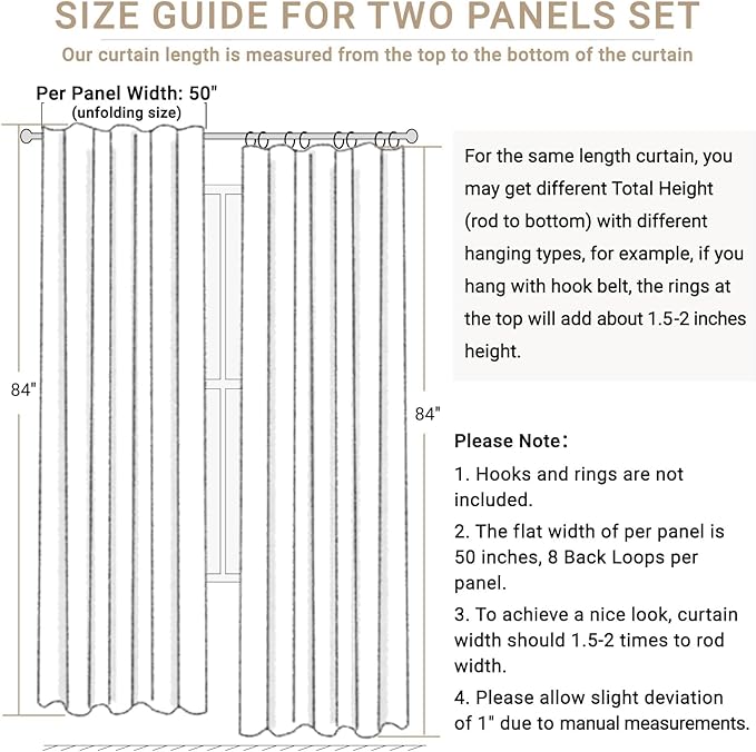 100% Blackout Shield Linen Blackout Curtains for Bedroom 84 Inches Long, Back Tab/Rod Pocket Living Room Drapes, Thermal Insulated Blackout Curtains 2 Panels Set, 50" W x 84" L, Cream