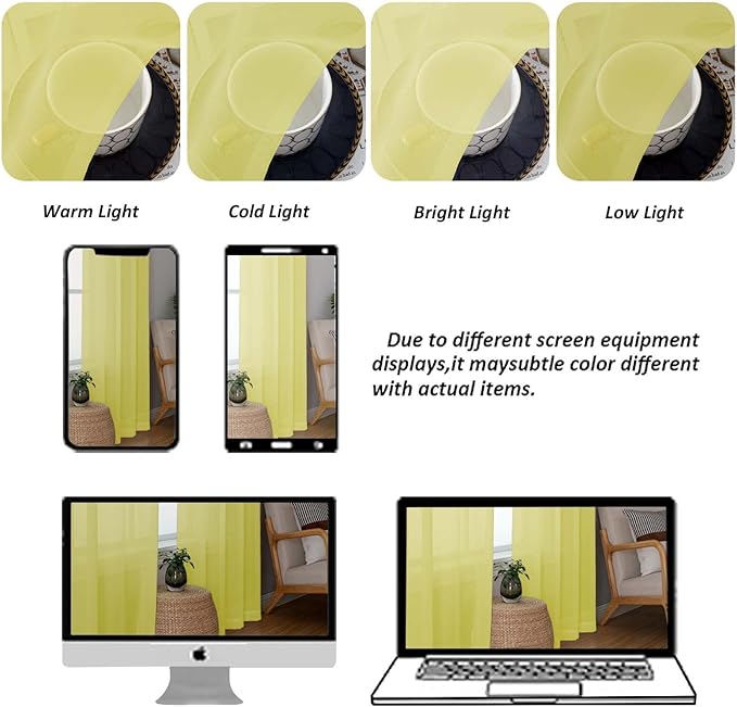 Chyhomenyc Sheer Curtains 63 Inch Length 2 Panels Set, Light Filtering Rod Pocket Window Curtain Treatment Drapes for Bedroom Living Room, Each 42Wx63L, Set of 2, Lemon
