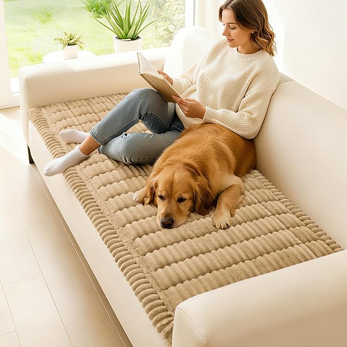 hyha Couch Covers for Dogs Washable, Non Slip Plush Dog Sofa Protectors, Fuzzy Pet Couch Covers for 3 Cushion Sofa Pet Friendly (Camel, 27.6" x 82.7")