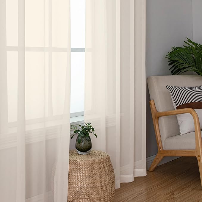 OWENIE Sheer Curtains 54 inches Long 2 Panles for Living Room Bedroom Small Windowm, Rod Pocket Light Filtering Voile Sheers Drapes, 42" W x 54" L, Cream
