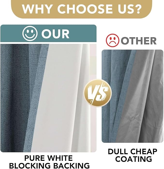 H.VERSAILTEX Linen Curtains 100% Blackout Curtains for Bedroom 102 inch Long Full Light Blocking Nature Linen Blended Window Curtains for Living Room Nickel Grommet (2 Panels, Stone Blue)