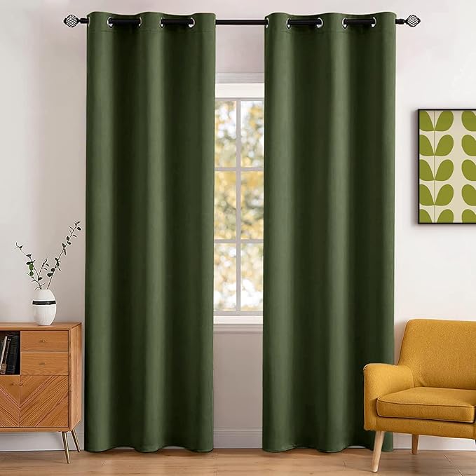 MIULEE 90" Long Blackout Room Darkening Curtains Thermal Insulated Drapes Solid Window Treatment Set Grommet Top Light Blocking Curtain for Living Room/Bedroom 2 Panels Olive Green