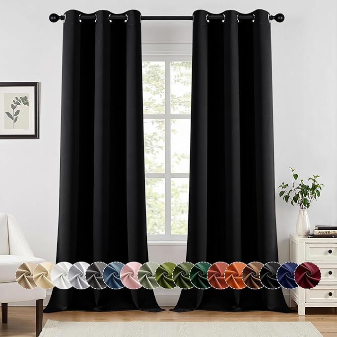 MIULEE Black Blackout Curtains for Bedroom Living Room 90 Inches Long 2 Panels, Thermal Insulated Room Darkening Drapes Solid Grommet Top Noise Reduction Light Blocking Halloween Window Treatments