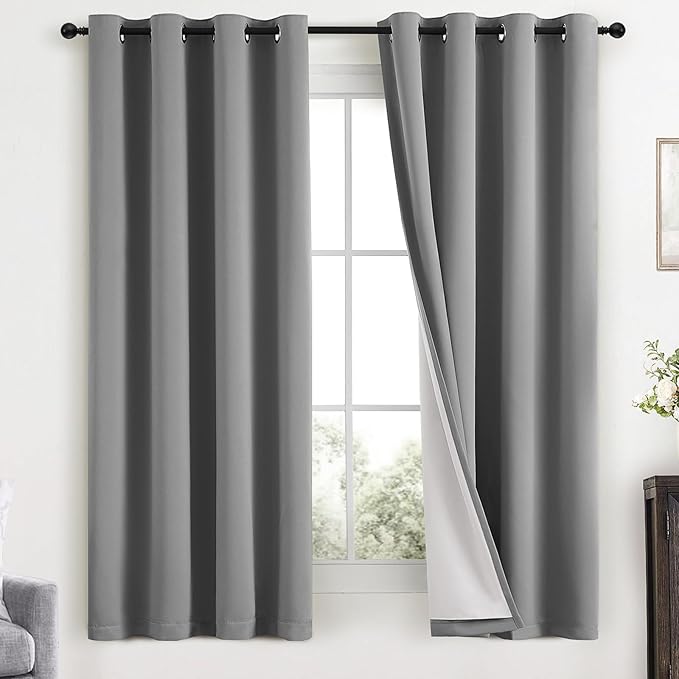 Yakamok Dove Grey 100% Blackout Curtains Grommet Window Treatments with 2 Thick Layers-Light Gray Room Darkening Thermal Insulated Drapes Set of 2 for Bedroom Living Room 52 Inches by 63 Inches length