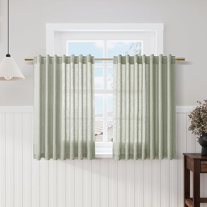 Sage Green Kitchen Cafe Curtains 45 Inch Length 2 Panel Set Back Tab Rod Pocket Semi Sheer Light Filtering Short Curtain Farmhosue Small Curtains for Basement Window Bathroom Living Room 52x45