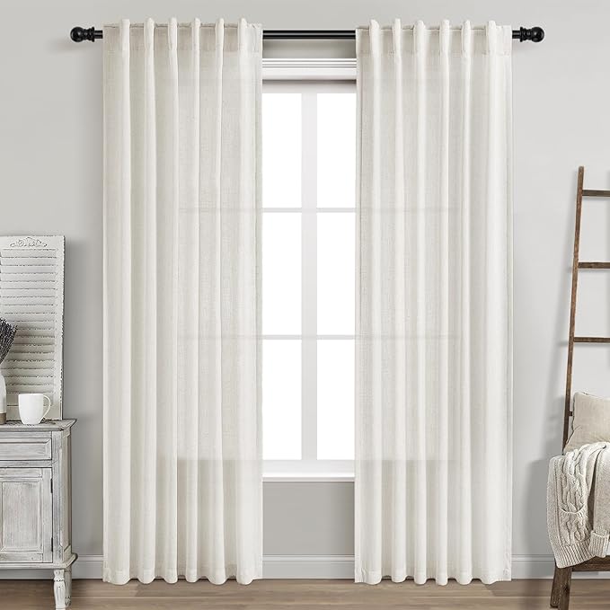 Cream Linen Curtains 84 Inch Length 2 Panels Back Tab Rod Pocket Semi Sheer Bedroom Curtains Light Filtering Country Closet Curtain Drapes Netural Farmhouse Window Panels for Living Dining Room 42x84