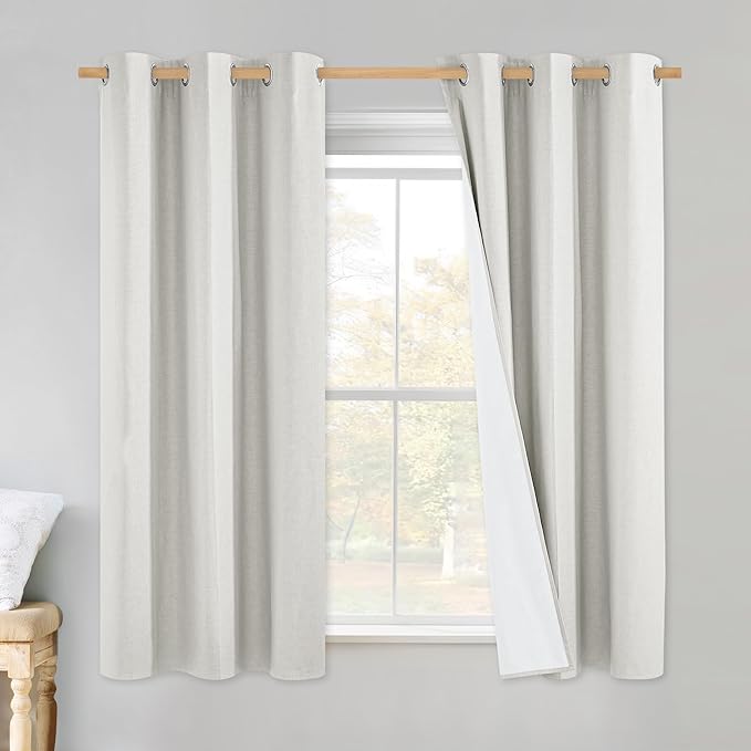 NICETOWN Linen Blackout Curtains for Kitchen, Ivory, 2 Panels, 34" Wide x 60" Long, Short Kitchen Burlap Linen 100% Blackout Drape Panels for Night Shift, Great Job for Blocking Light