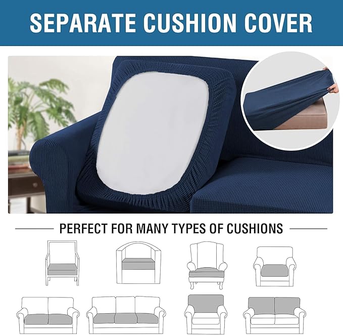 H.VERSAILTEX 4 Piece Stretch Sofa Covers for 3 Cushion Couch Covers for Living Room Furniture Slipcovers (Base Cover Plus 3 Seat Cushion Covers) Thicker Jacquard Fabric (Large Sofa, Navy)