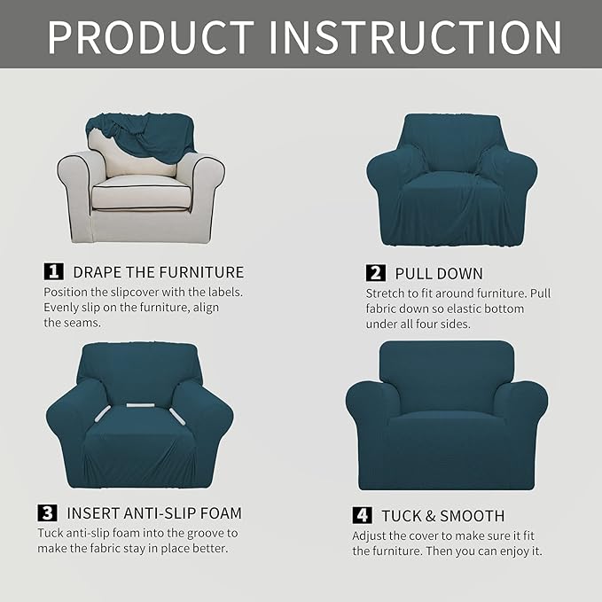 Easy-Going Stretch Oversized Chair Sofa Slipcover 1-Piece Couch Sofa Cover Furniture Protector Soft with Elastic Bottom for Kids Spandex Jacquard Fabric Small Checks Deep Teal
