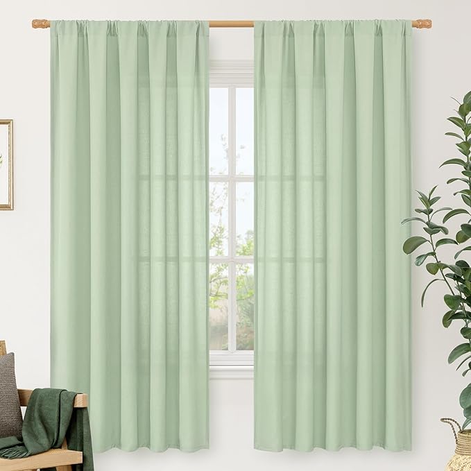 LAMIT Natural Linen Curtains for Bedroom, 72 Inch Faux Linen Textured Light Filtering Drapes Rod Pocket Window Treatment Panels for Living Room, Set of 2 Panels, 52 x 72 Inch, Light Green