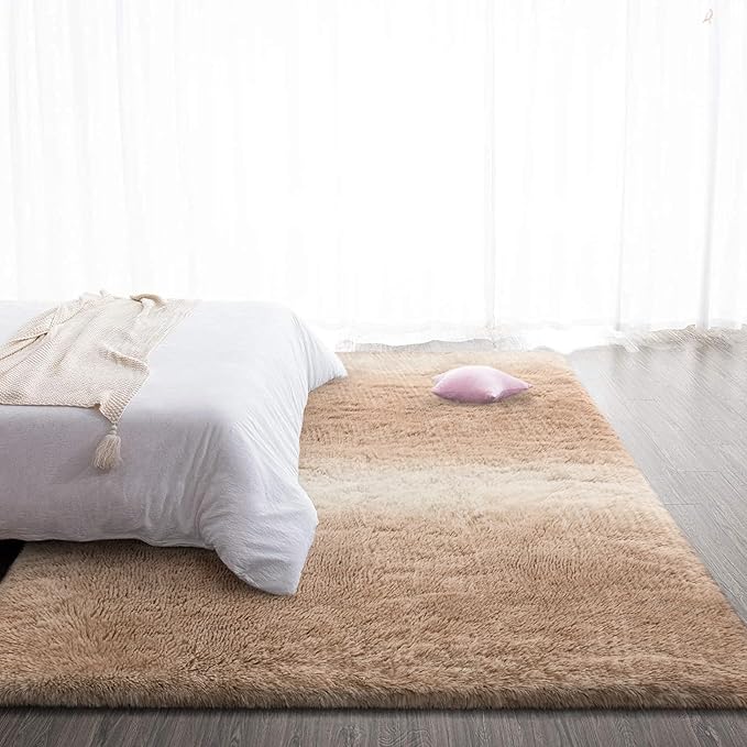 TWINNIS Super Soft Shaggy Rugs Fluffy Carpets, 6x9 Feet, Indoor Modern Plush Area Rugs for Living Room Bedroom Kids Room Nursery Home Decor, Upgrade Anti-Skid Rectangular Fuzzy Rug, Tan White