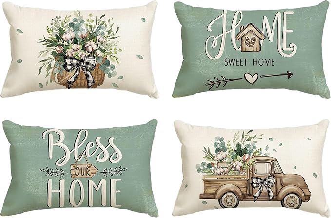 AVOIN colorlife Bless Our Home Farmhouse Eucalyptus Leaves Throw Pillow Covers, 12 x 20 Inch Blue Truck Home Sweet Cushion Case Decorations Set of 4