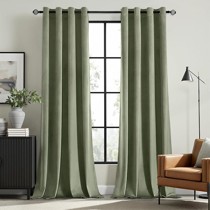 MIULEE Sage Green Elegant Grommet Curtains Polyester Thermal Insulated Soundproof Room Darkening Velvet Curtains/Drapes for Classical Living Room Bedroom Decor 52 x 90 Inch Set of 2