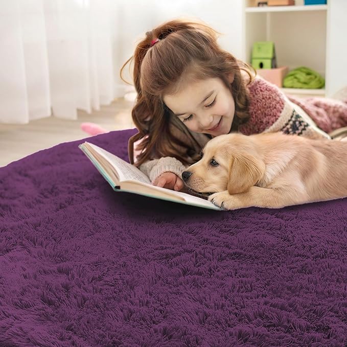 OLANLY Dark Purple Round Rugs for Bedroom - Machine Washable, 4 ft Circle Area Rugs for Living Room, Soft and Fluffy Shaggy Carpet for Teen Girl and Boys, Nursery Rooms, Dorms, Home Decor Aesthetic