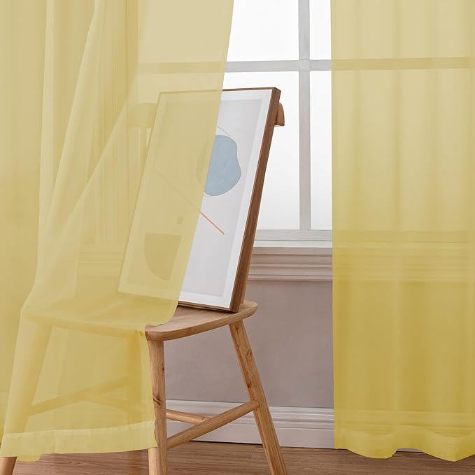 Simplebrand Yellow Short Sheer Curtains 45 Inch Length for Small Windows, Rod Pocket 2 Panels Set Solid Voile Drapes Window Sheer Curtains for Bedroom Bathroom Kids Room Kitchen, 42x45 Inch, 2pcs