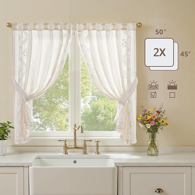 jinchan Belrose Linen Floral Cafe Curtains 45 Inch Length Embroidered Farmhouse Curtains for Kitchen Bedroom Bathroom Small Windows Curtain Set Light Filtering 2 Panels White