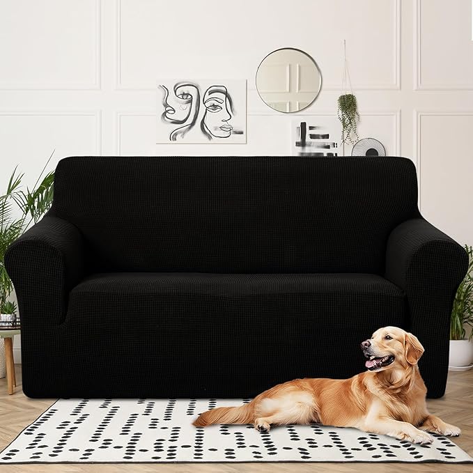 U-NICE HOME Oversized Stretch Loveseat Couch Cover Sofa Covers Washable Sofa Slipcover Furniture Protector for 2 Cushion Couch Sofa Pet Friendly, Black