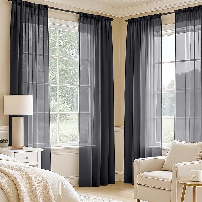 MIULEE Black Sheer Curtains 72 Inches Long, 4 Panels Set, Light Filtering Halloween Rod Pocket Voile Drapes for Living Room and Bedroom, Airy Soft Fabric Window Treatments, 42 x 72 Inches