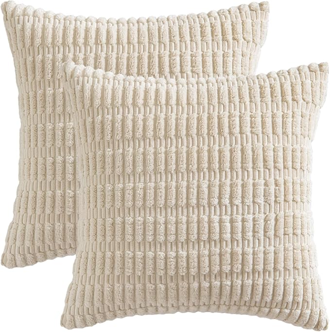 MIULEE Pack of 2 Corduroy Decorative Throw Pillow Covers 20x20 Inch Soft Boho Striped Pillow Covers Modern Farmhouse Home Decor for Sofa Living Room Couch Bed Cream White