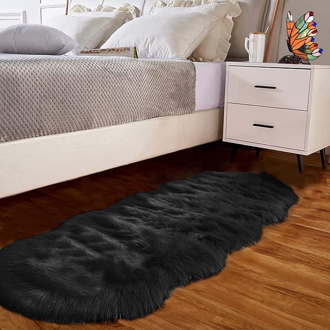 Goolela Black Fluffy Runner Rug 2x6 for Bedroom Faux Sheepksin Fur Fuzzy Furry Bedside Rug Shaggy Plush Soft Sheepskin