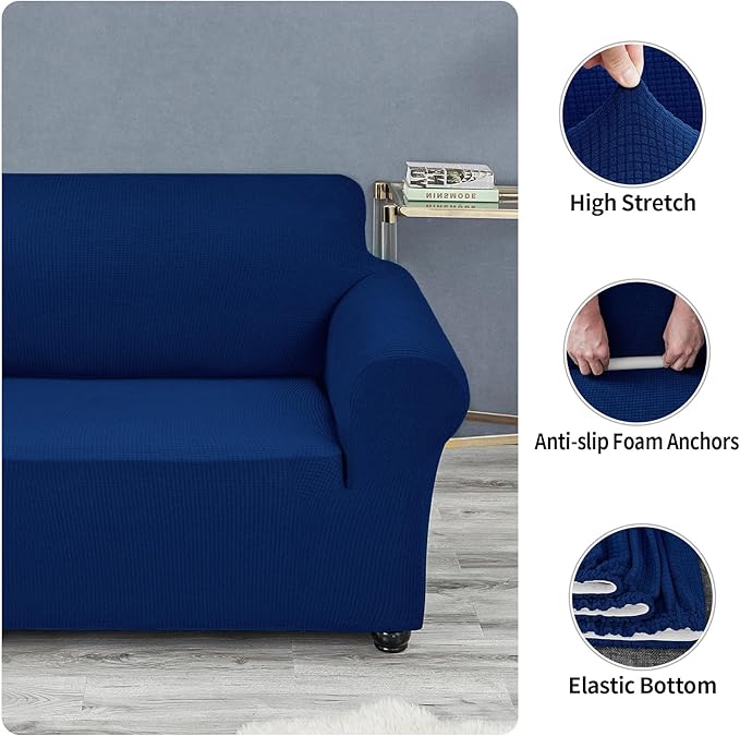 Joccun Stretch Loveseat Couch Cover, 1-Piece Sofa Cover for 2 Cushion Couch Spandex Jacquard Washable Furniture Protector Cover for Living Room,Kids,Pets（Loveseat,Classic Blue）