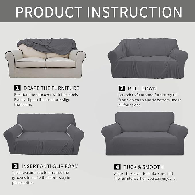 Easy-Going Stretch 4 Seater Sofa Slipcover 1-Piece Sofa Cover Furniture Protector Couch Soft with Elastic Bottom for Kids, Polyester Spandex Jacquard Fabric Small Checks Gray