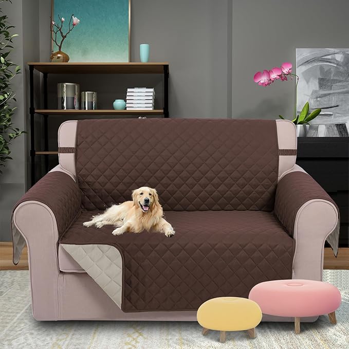 U-NICE HOME Loveseat Sofa Cover Reversible Couch Covers for 2 Cushion Couch for Dogs Friendly Furniture Protector with Elastic Straps Water Resistant (Loveseat Small, Coffee/Beige)