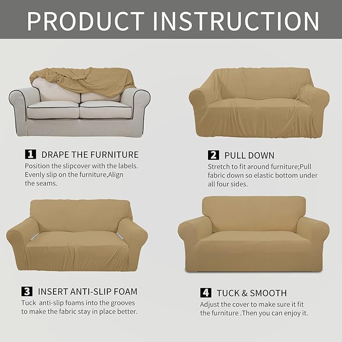 Easy-Going Stretch Sofa Slipcover 1-Piece Sofa Cover Furniture Protector Couch Soft with Elastic Bottom for Kids, Polyester Spandex Jacquard Fabric Small Checks (Sofa, Golden)