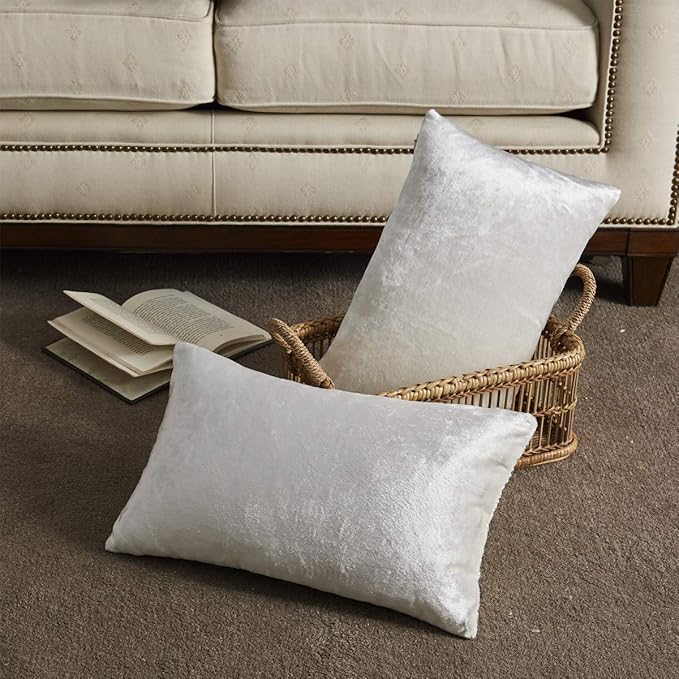 GIGIZAZA White Velvet 12x20 Lumbar Decorative Throw Pillow Covers Cases for Sofa Bed 2 Pack Soft Cushion Cover