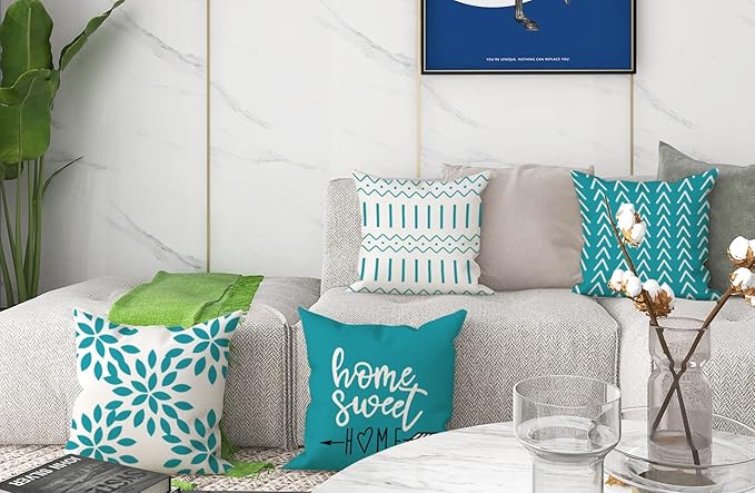 YCOLL Pillow Covers 16x16 Set of 4, Modern Sofa Throw Pillow Cover, Decorative Outdoor Linen Fabric Pillow Case for Couch Bed Car, Aqua Blue