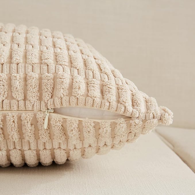 Fancy Homi 4 Packs Beige Decorative Throw Pillow Covers 20x20 Inch for Living Room Couch Bed Sofa, Tan Rustic Farmhouse Boho Home Decor, Soft Plush Striped Corduroy Square Cushion Case 50x50 cm
