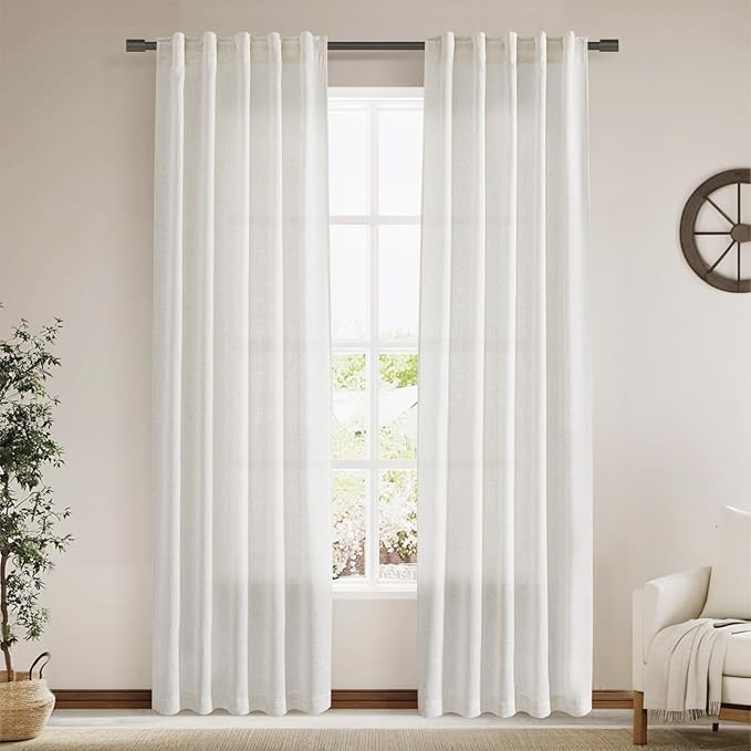 Cream Linen Curtains 84 Inch Length 2 Panels Back Tab Pocket Semi Sheer Bedroom Curtains Light Filtering Country Closet Curtain Drapes Netural Farmhouse Window Panels for Living Dining Room 40x84