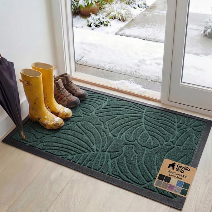 GORILLA GRIP 100% Waterproof All-Season WeatherMAX Doormat, 34x58, US Designed Natural Rubber, Stain and Fade Resistant, Low Profile Indoor Outdoor Door Mats, Easy Clean Patio Mat, Green Palm