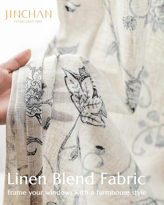 jinchan Linen Curtains Floral Curtain 84 Inch Length for Living Room Bedroom Light Filtering Rod Pocket Back Tab Jacobean Curtains Flax Linen Texture Window Drapes Set 2 Panels Black on Linen